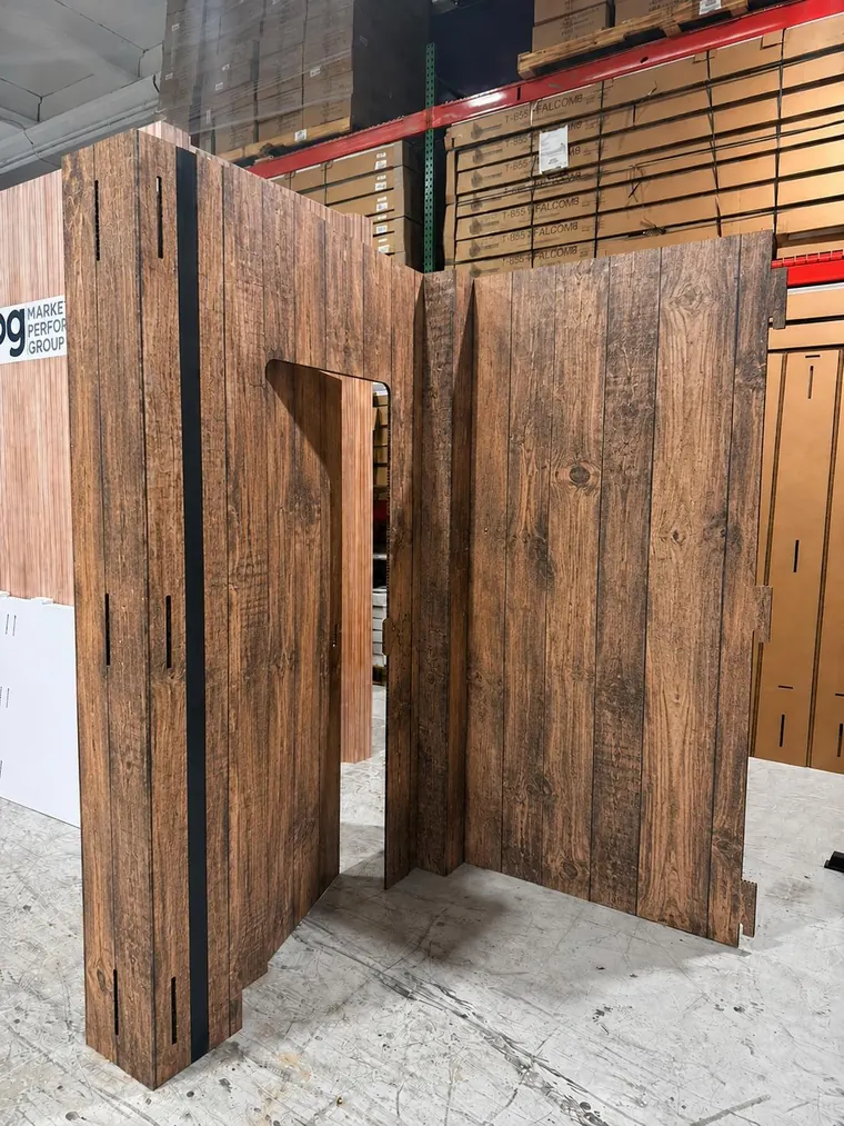 Assembled door and wall printed with a rustic wood plank texture